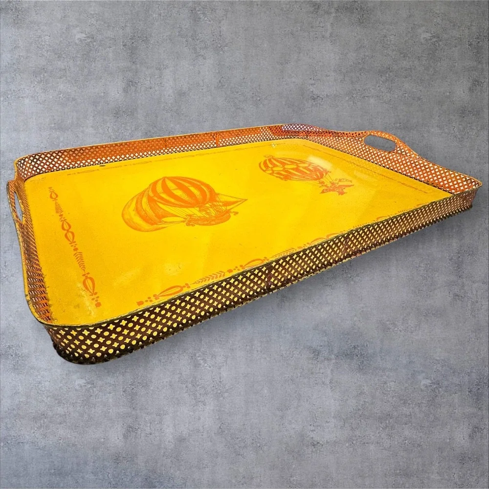 Vintage‎ Italian Metal Tray Painted Hot Air Balloon Yellow 26x17 Rustic Decor